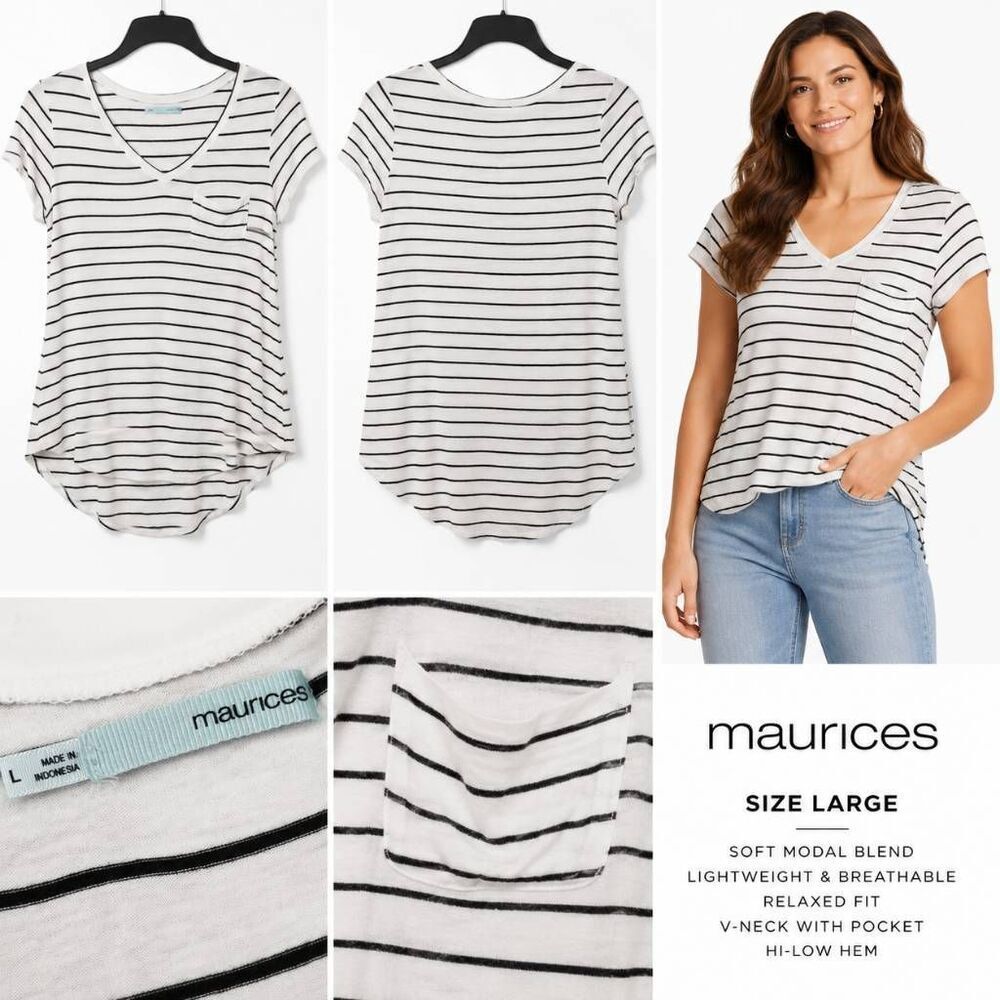 MauricesโLarge White Navy Stripe V-Neck SS Tunic